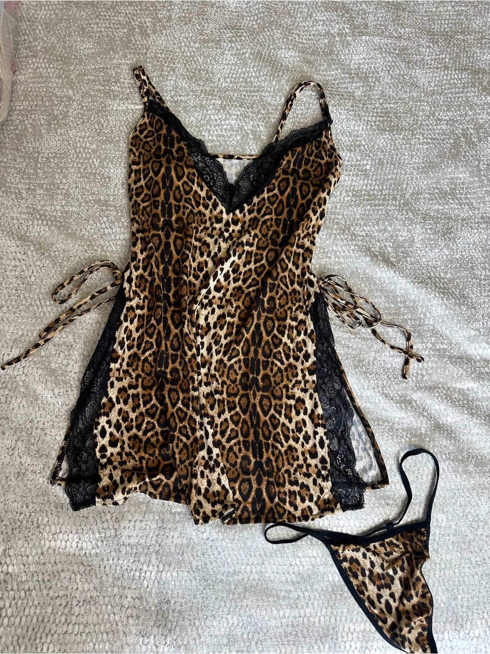 Leopard Lace-Trim Chemise and Thong - Animal Print